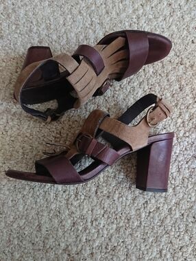 MINELLI Brown Leather with Suede fringe strap Block Heel Sandals size 8